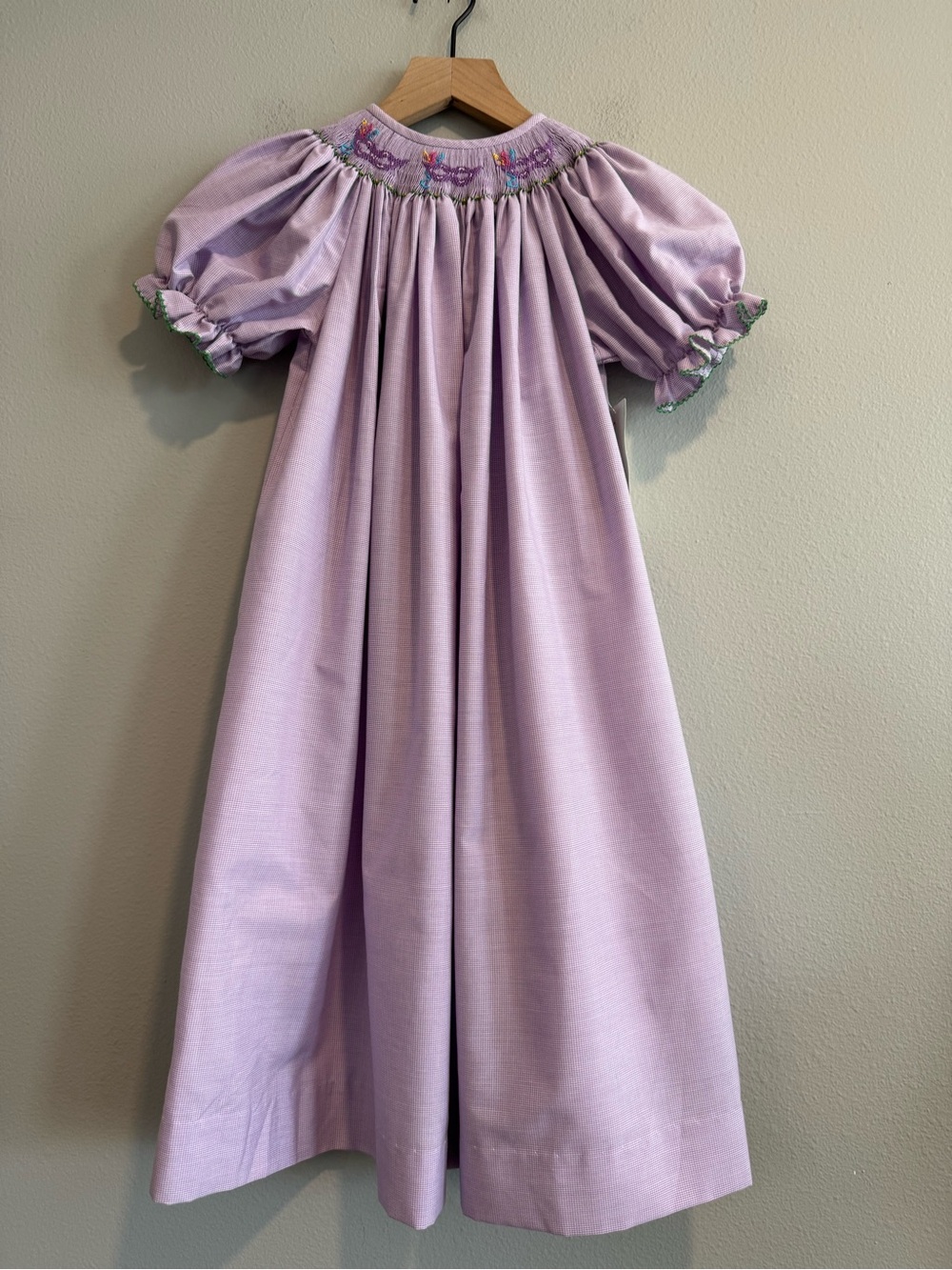 Southern Sunshine Lilac Mask Smocked Bishop Dress Short Sleeve 6